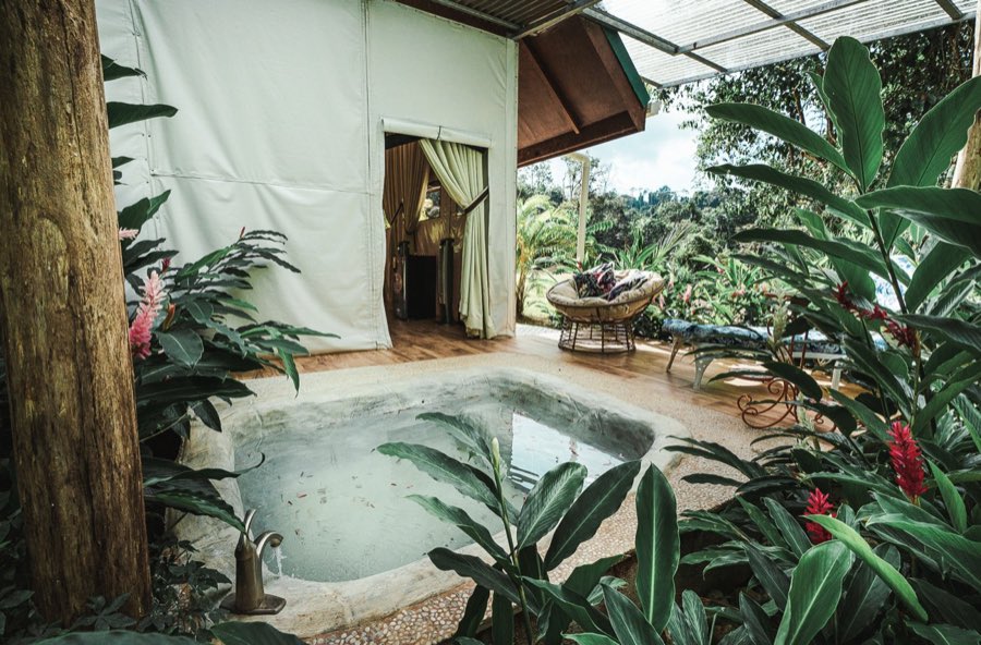 Listing photo of the wooden deck with a stone hot tub and tropical plants