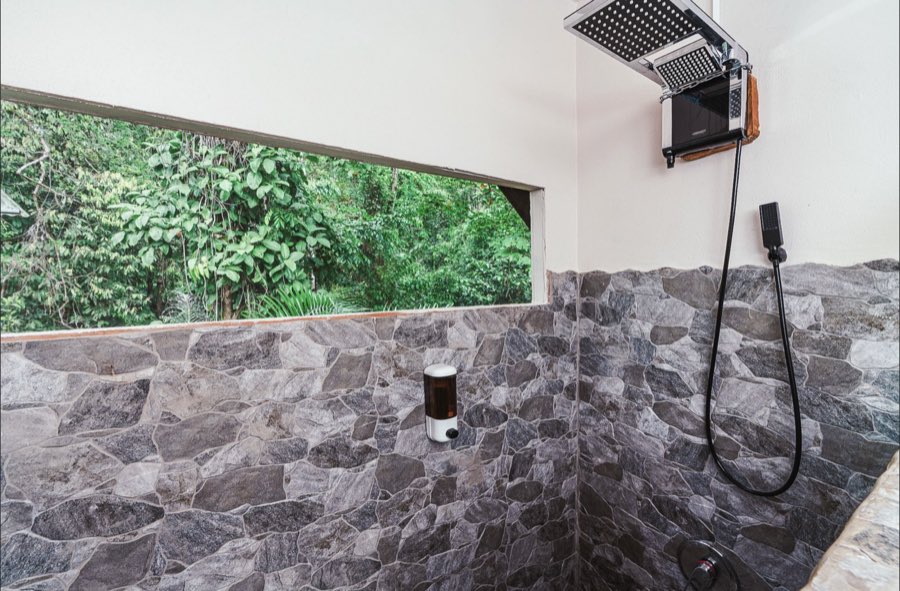 Listing photo of the rain shower head framed by a window looking into the jungle